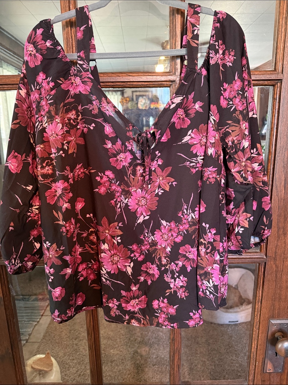 torrid Black Floral Peasant Blouse with Pink Blossoms - Picture 1 of 6